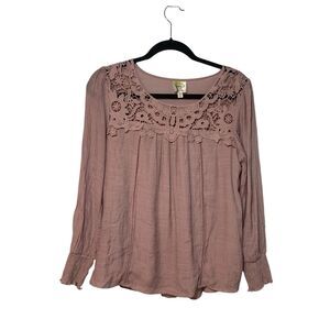 Fig and Flower Womens Long sleeve Boho Romantic Lace Trim Top S Delicate Fairy